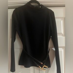 Halston Elegant Black Long Sleeve Top With Hold Belt